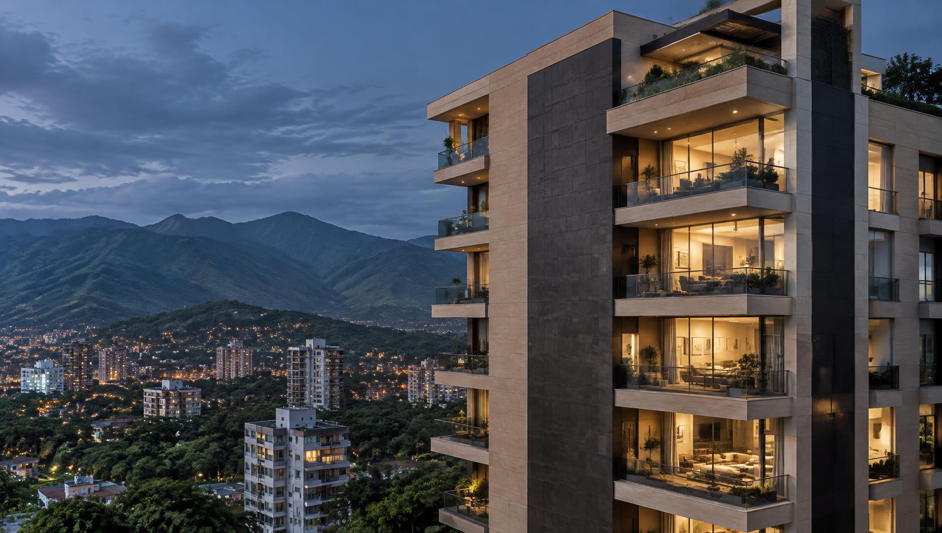 Torre residencial contemporánea al anochecer con la ciudad y las montañas del Eje Cafetero